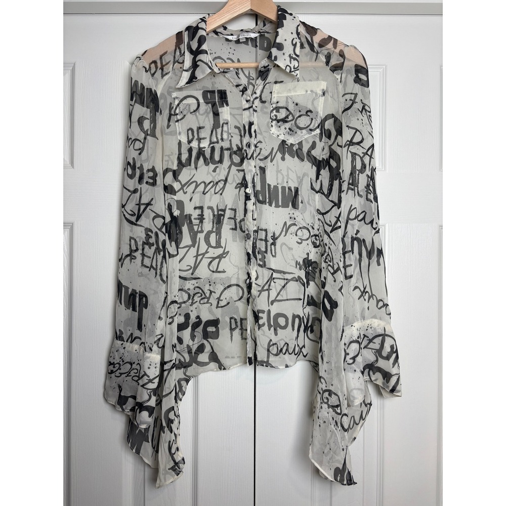 Costa Blanca Graffiti Print Sheer High Low Handkerchief Hem Blouse White Black L